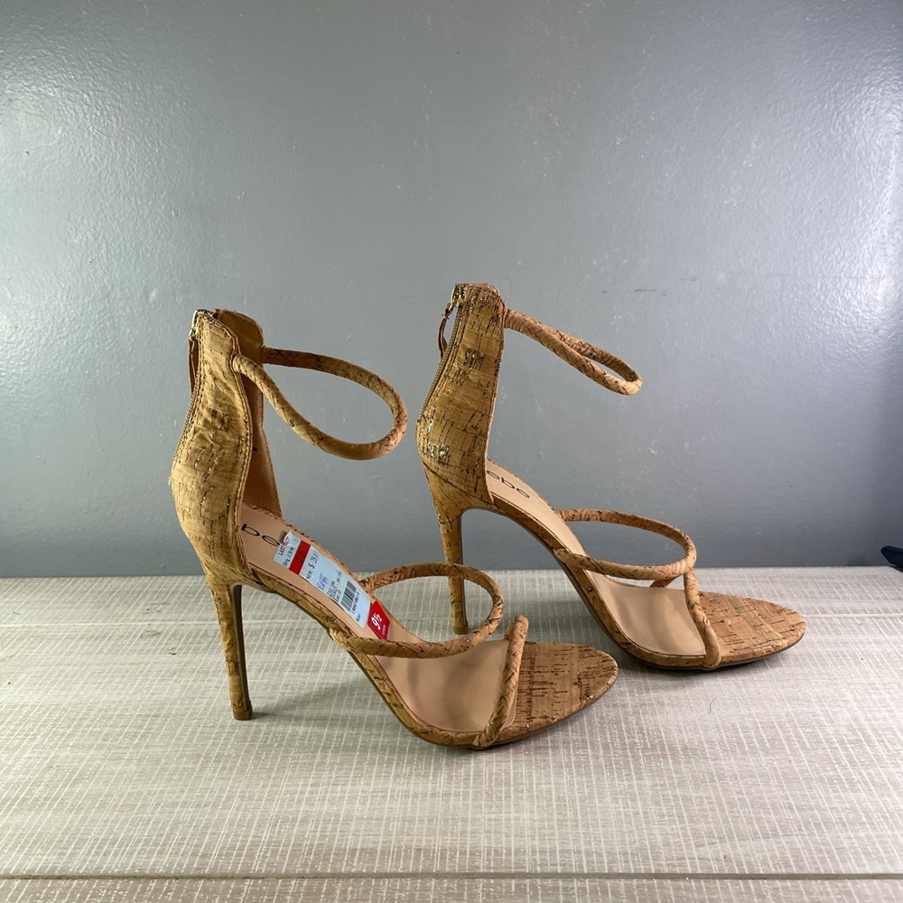 Bebe Corkscrew & Gold Glitter strapped heels.